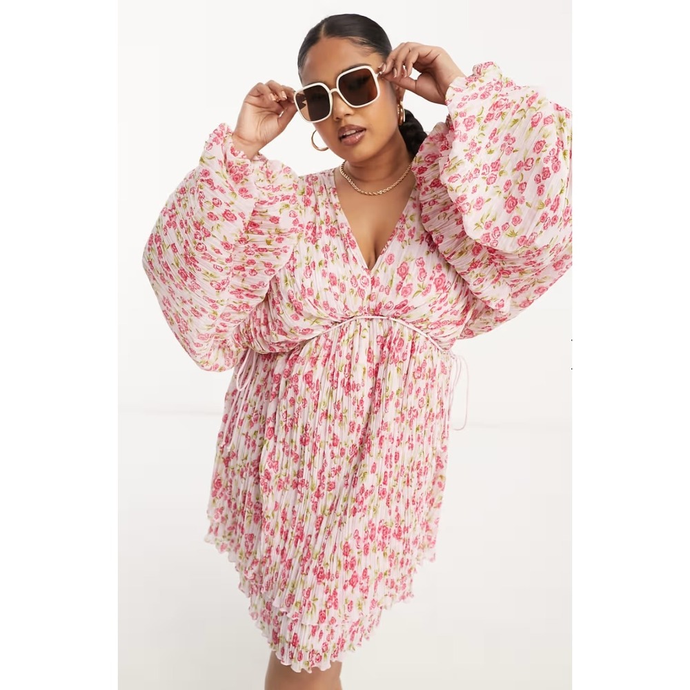 ASOS DESIGN Mini Dress‎ Women 16 Pink Floral Plisse V-Neck Long Sleeve Babydoll